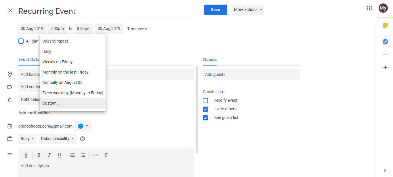 How to add a recurring event with random dates in Google calendar