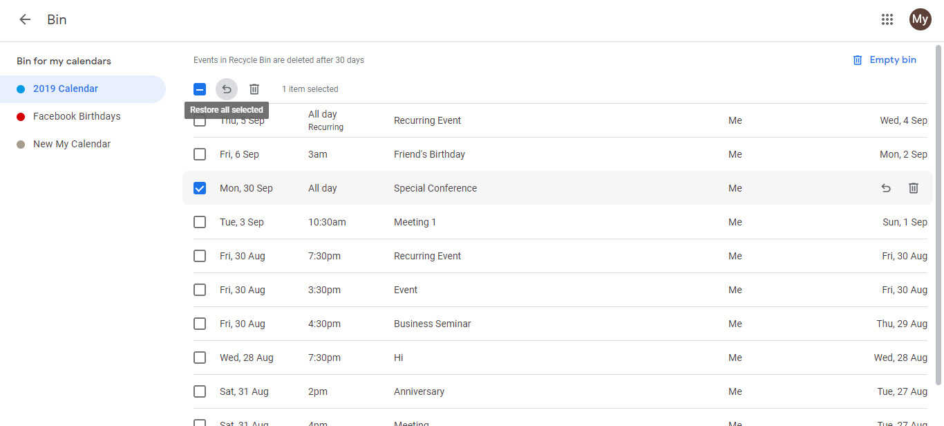 How to undo accidental deletion of Google Calendar events? Google