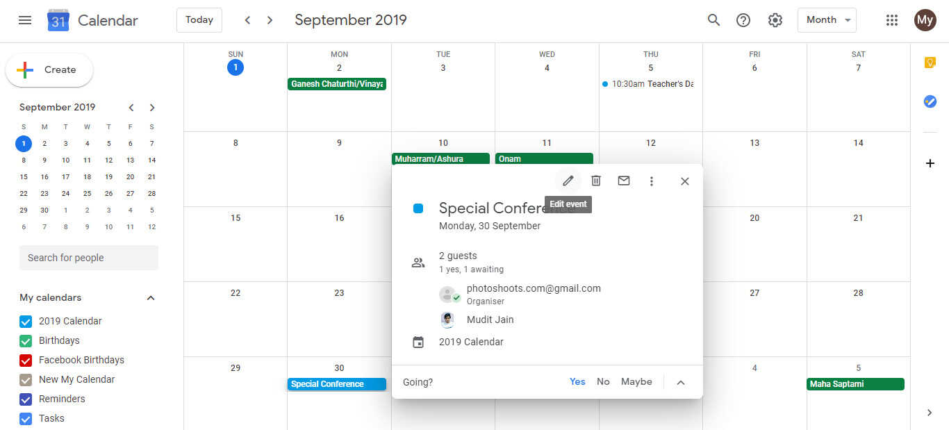 how to turn off email notifications for google calendar