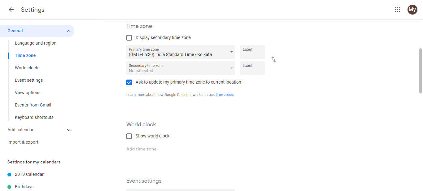 How to change Google Calendar time zone without changing the time zone