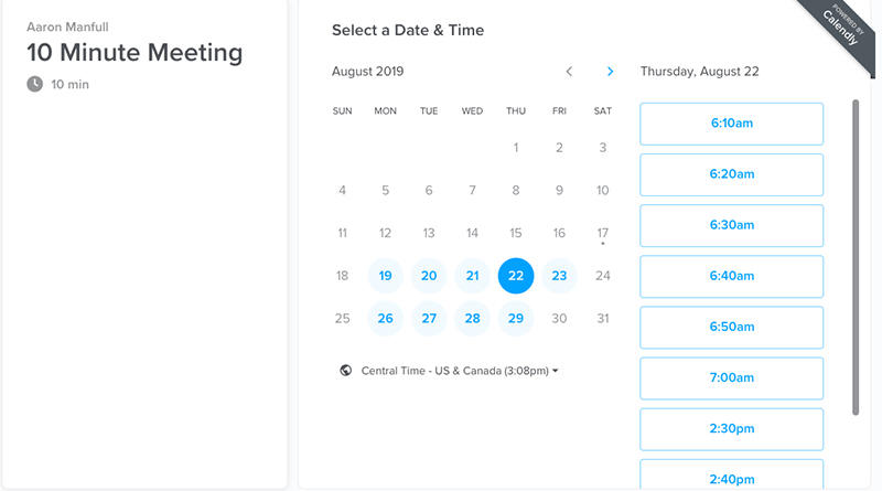 Calendly booking user interface demo version