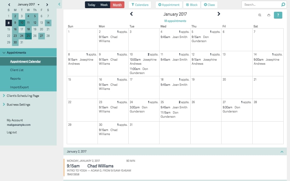 Acuity scheduling app interface for appointment booking