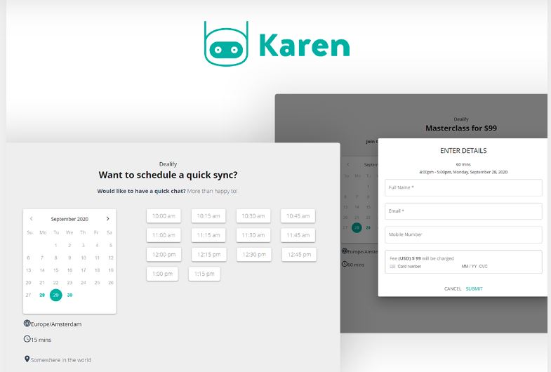karen app interface for appointment booking