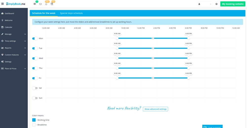 SimplyBook.me interface for appointment booking