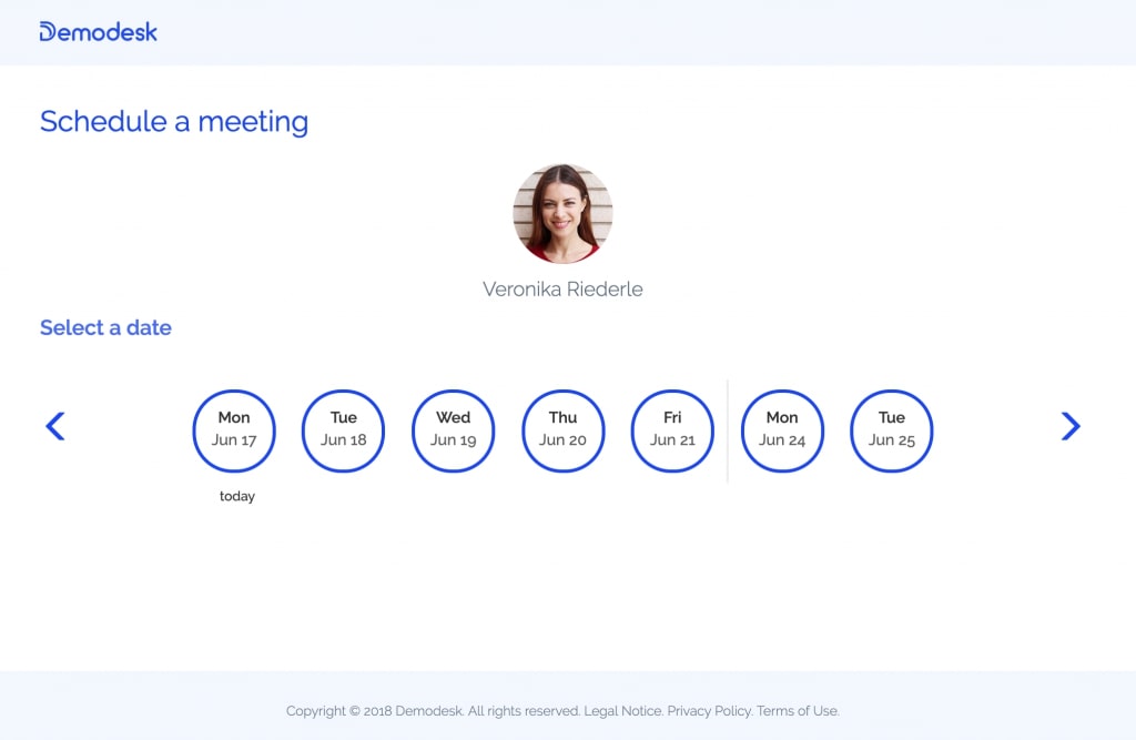 appointment scheduling user interface in Demodesk meeting scheduling app