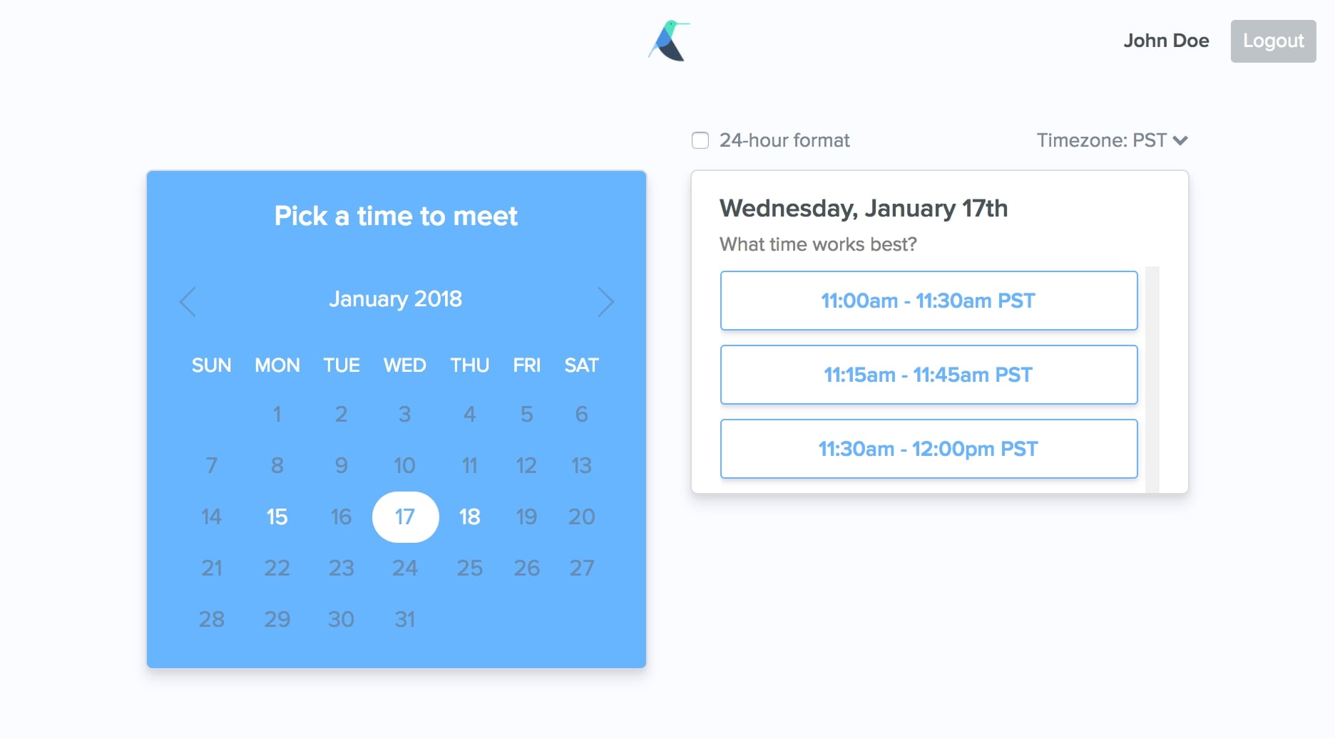 Meetingbird App interface for appointment booking facilities