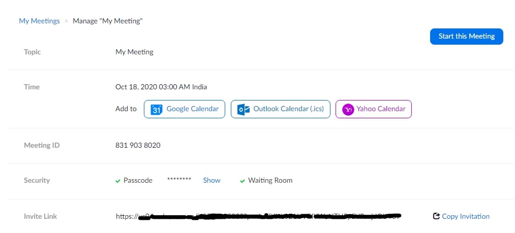 Zoom App interface for appointment booking facilities