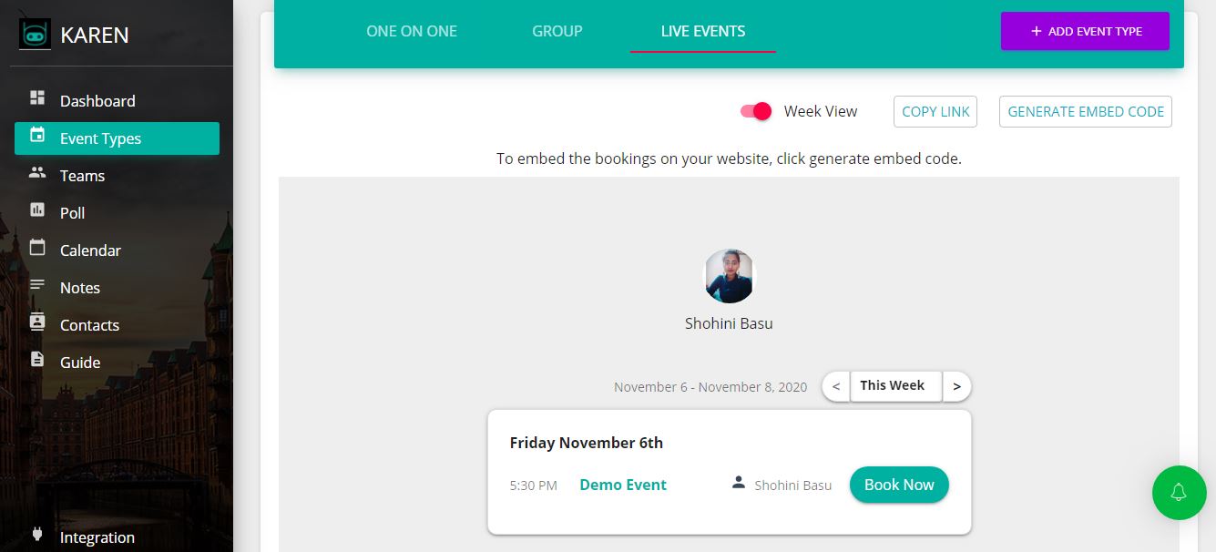 creating Karen App events that you can share or generate embed code