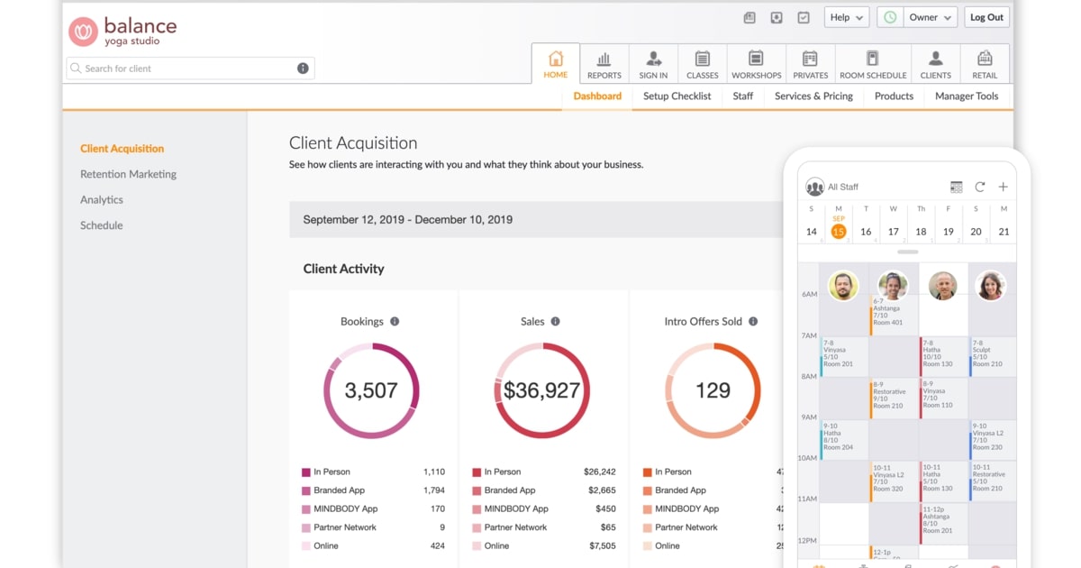 Mindbodyonline app interface for appointment booking facilities