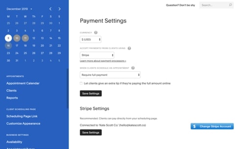 Selecting payment options in acuity scheduling web portal