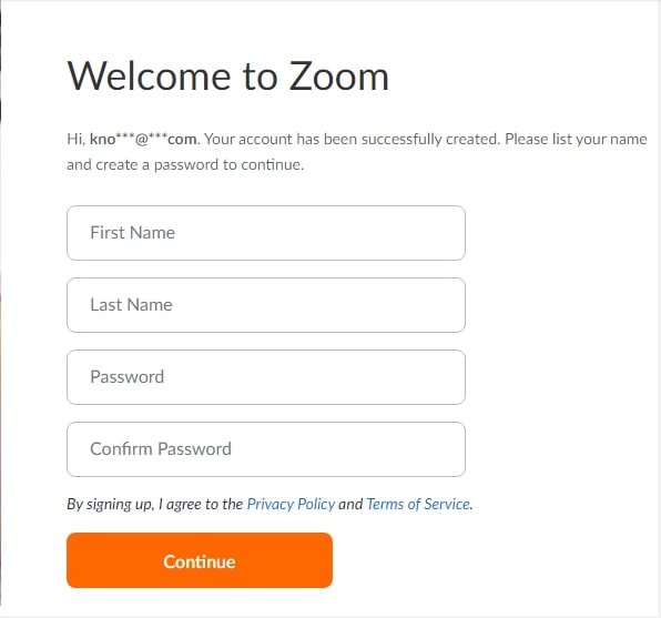 input name and set password for zoom account