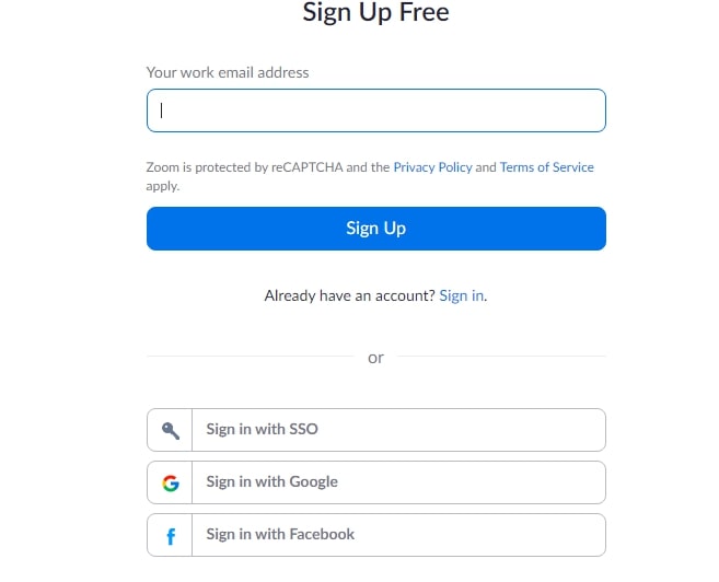 sign up options on zoom