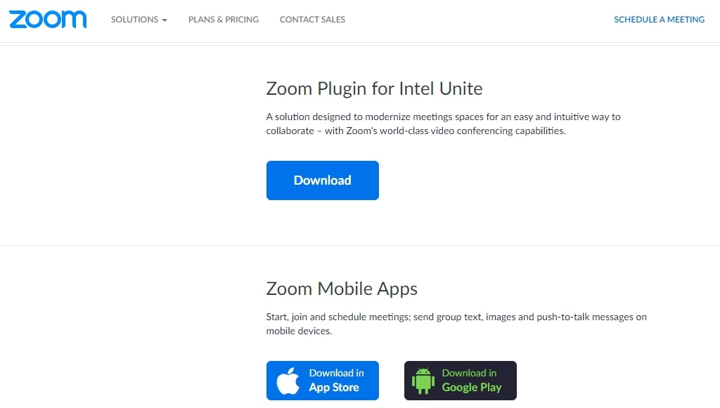 screenshot of Zoom download center for mobile app