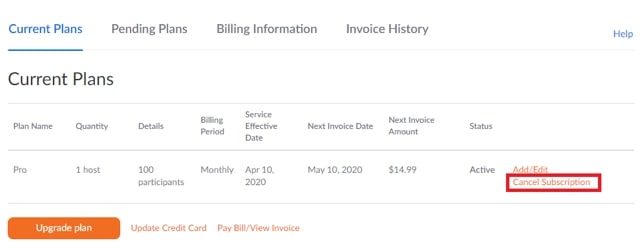 cancel subscription option on zoom