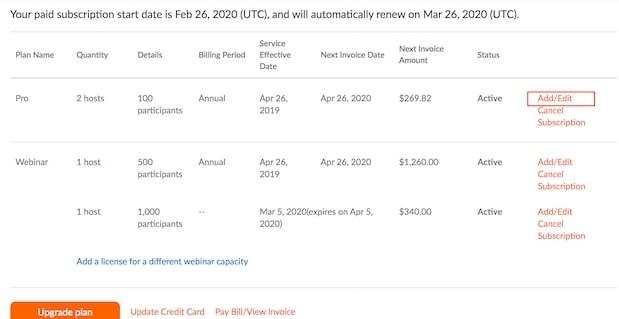 zoom account management section for change in billing plans