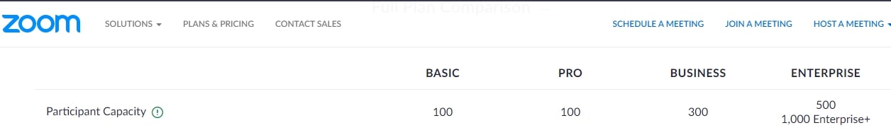 participant capacity on zoom video calls according to plan