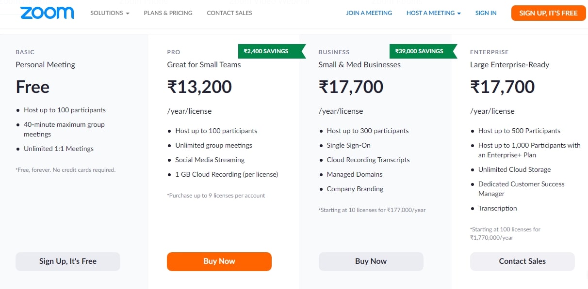 Zoom pricing plan details