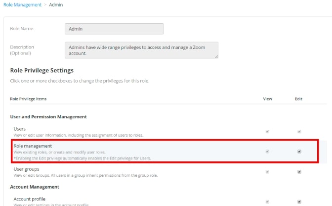 assigning role privilages to a user in zoom account