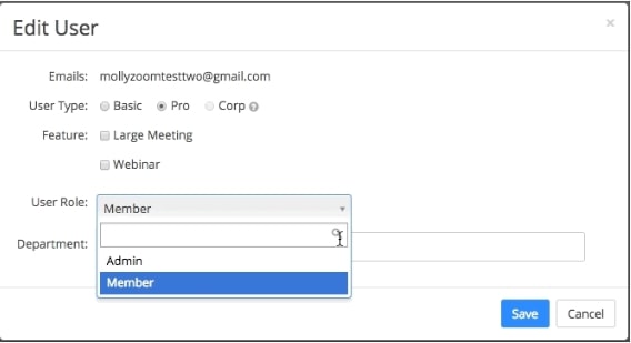 changing roles from user to admin in a zoom account