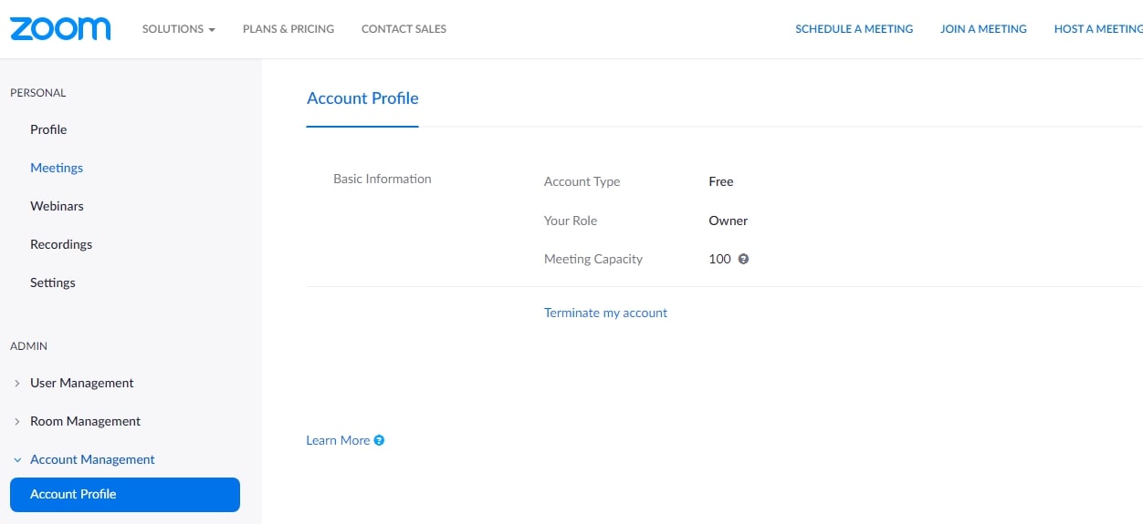 user account profile on Zoom web portal