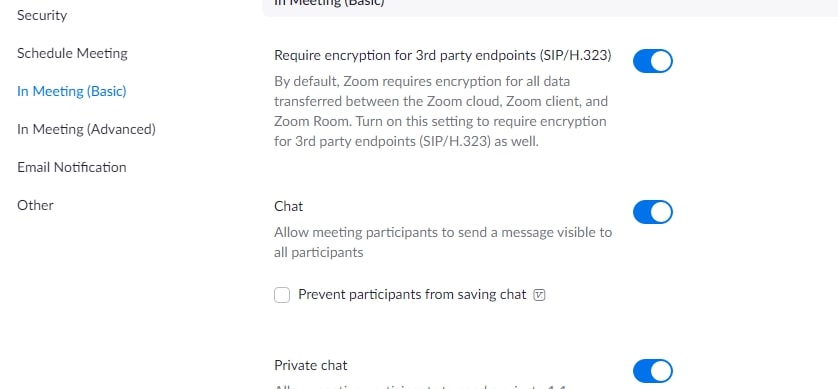 chat disable options in basic meeting features