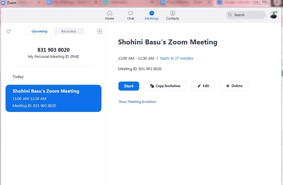 upcoming meeting list and related options on zoom web app