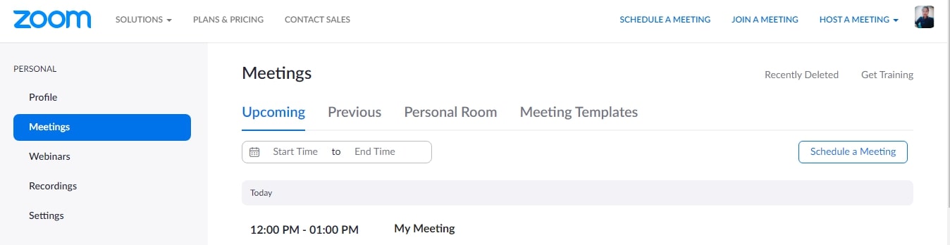upcoming meeting and related options on zoom web portal