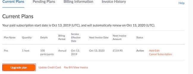 details on current plans on zoom account
