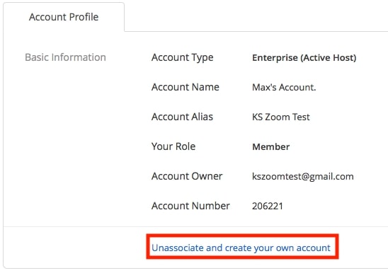 account profile with option to unassociate account from an executive zoom plan