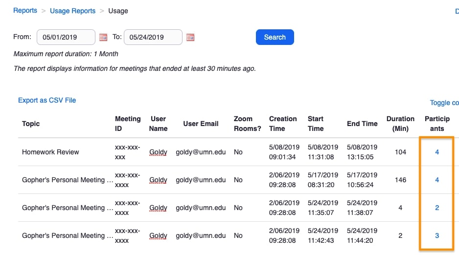 Zoom meeting usage reports in the web portal under the reports section