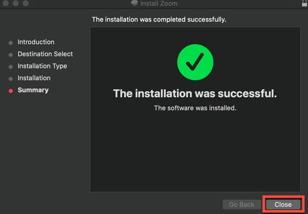 dialogue box displays the message on successful installation of the zoom app