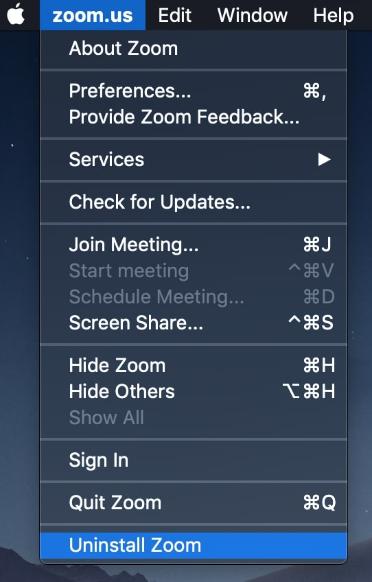 navigating to zoom.us to uninstall zoom from macOS  version 4.4.53932.0709 and above