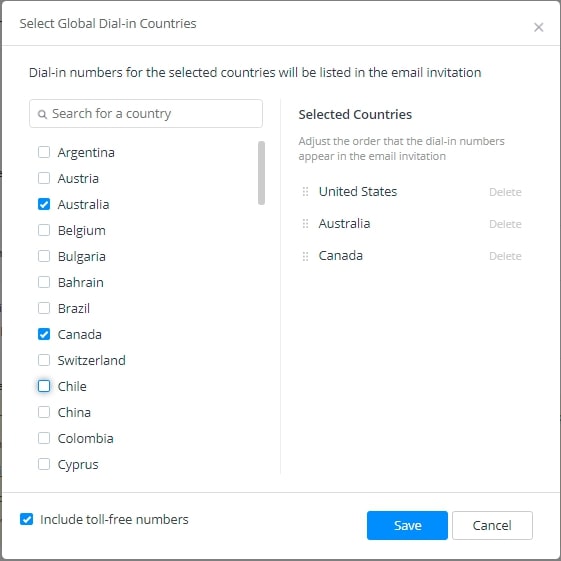 options to customise which dial in numbers appear on a zoom meeting invitation