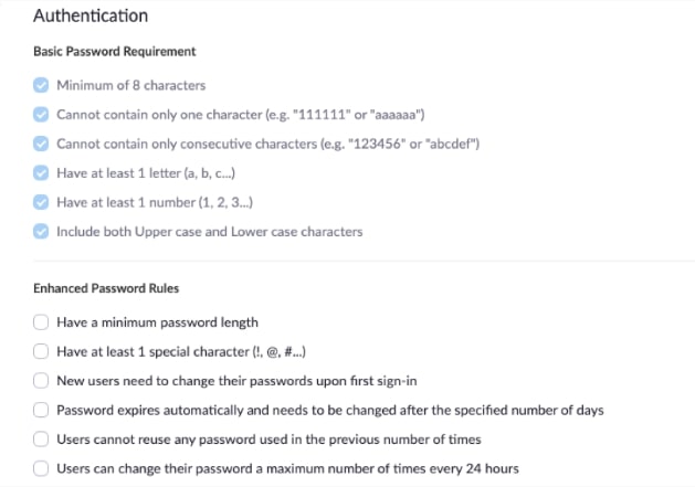 password requirement settings for the members set by admin or host in a zoom account