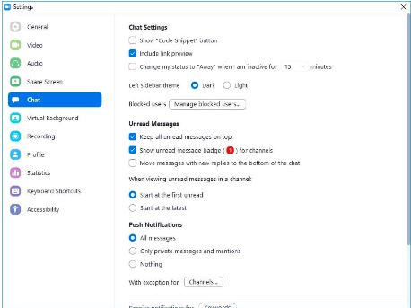 general chat setting options for a zoom meeting on the web app